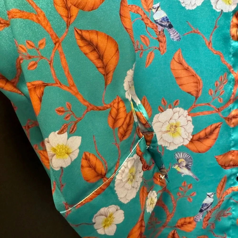 Oversized Floral Satin Button-Up Blouse – Teal Orange Print (New With Tag) - Picture 7 of 9